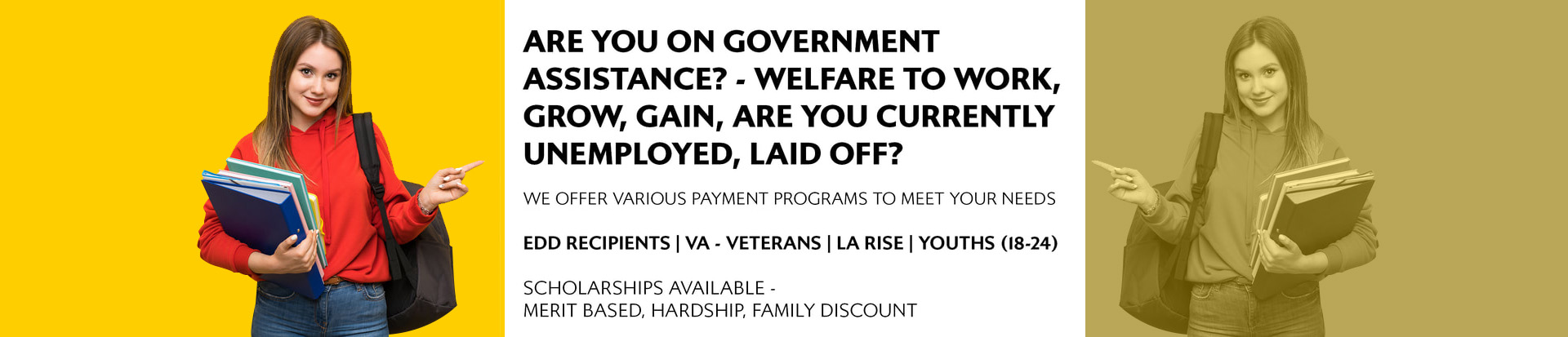 Woman holding books, government assistance advertisement.
