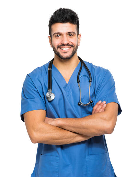 Smiling doctor in blue scrubs with stethoscope.