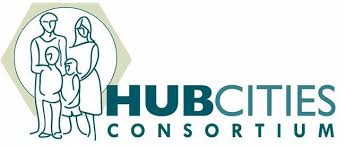 Family illustration with Hub Cities Consortium logo. Family illustration with Hub Cities Consortium logo.