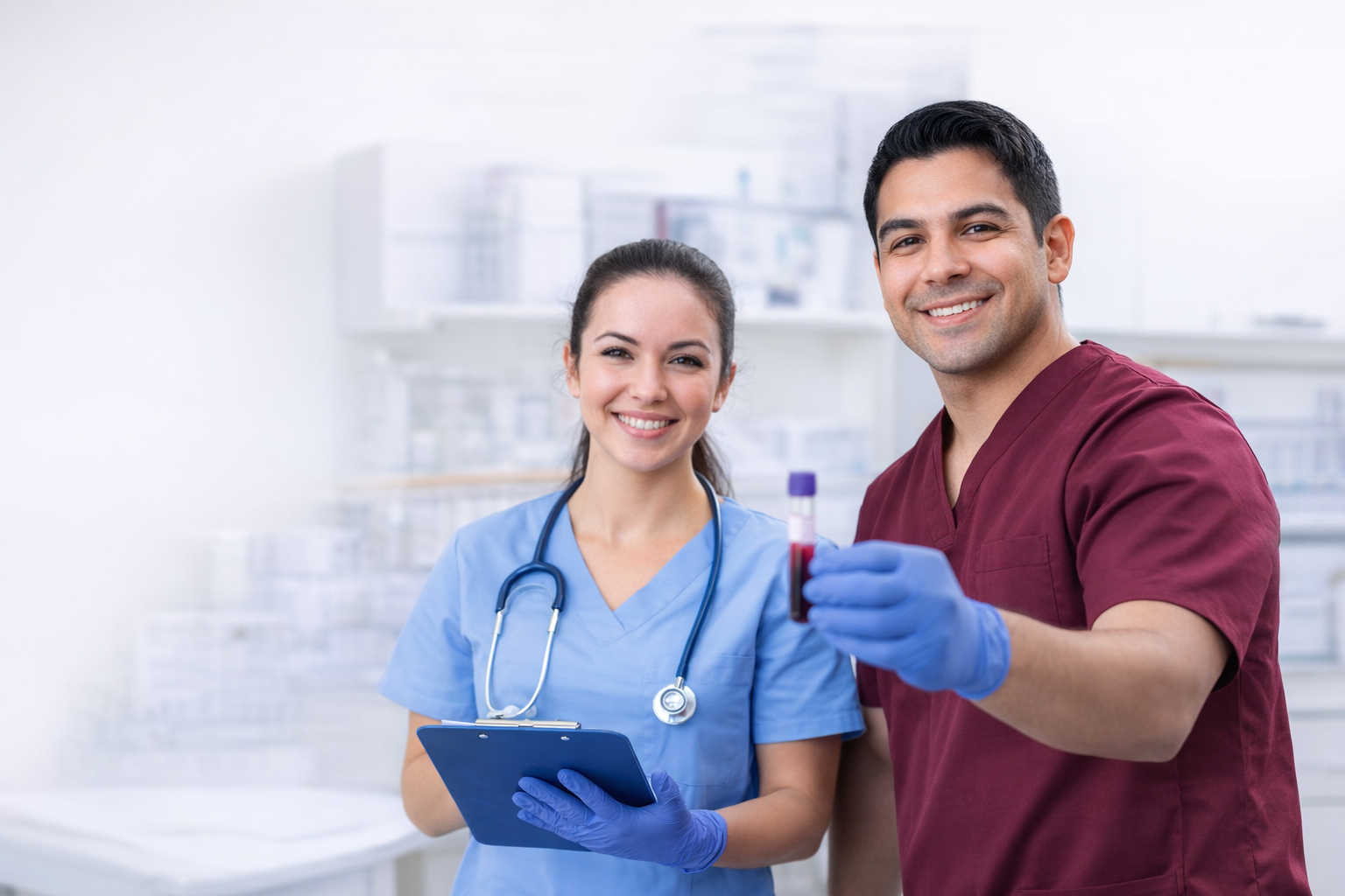 Medical professionals holding test tube and clipboard.